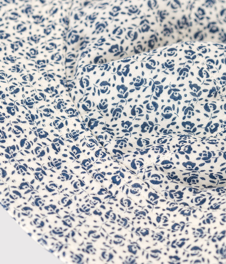 Cappellino in garza di cotone a fiori blu bambina ecru/blu
