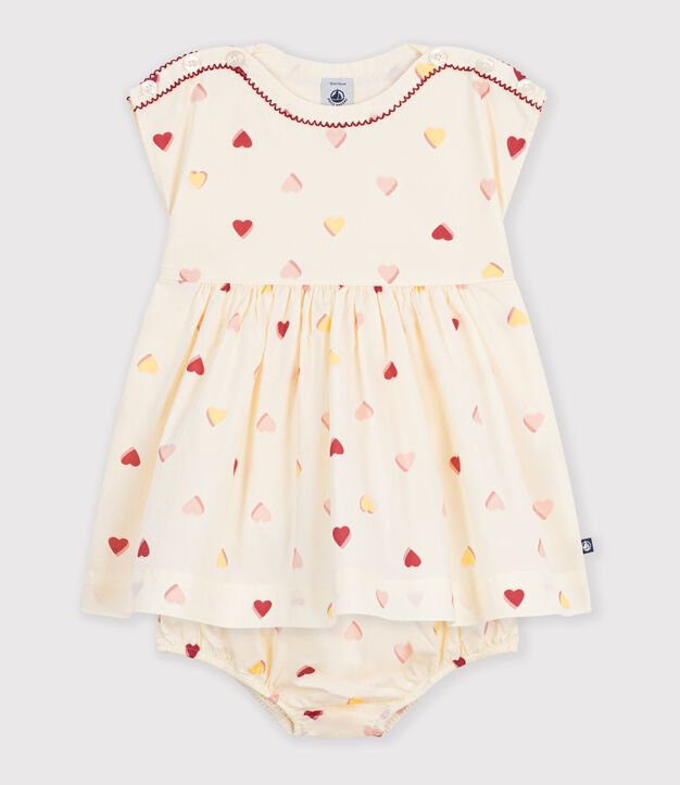 Abito a maniche corte in cotone con stampa a cuori neonata ecru/multicolore