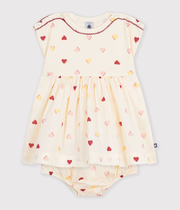 Abito a maniche corte in cotone con stampa a cuori neonata ecru/multicolore