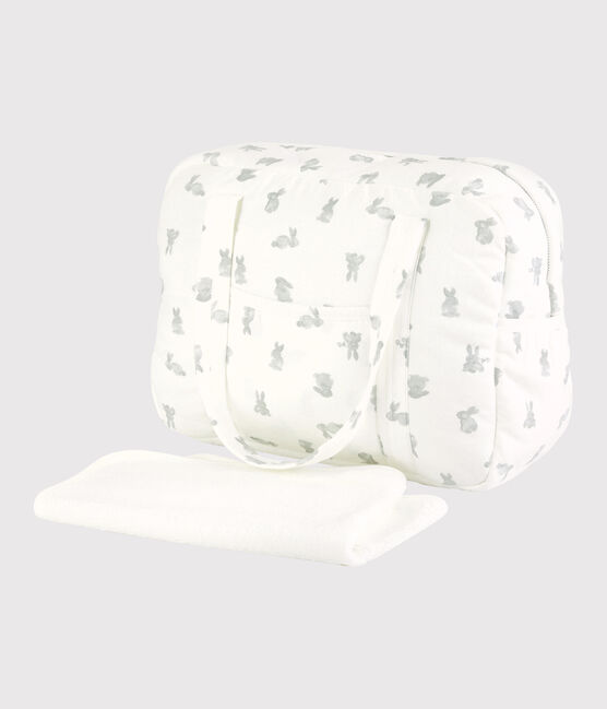 Confezione borsa porta-fasciatoio e fasciatoio con coniglio in tubique di cotone biologico bianco MARSHMALLOW/grigio GRIS