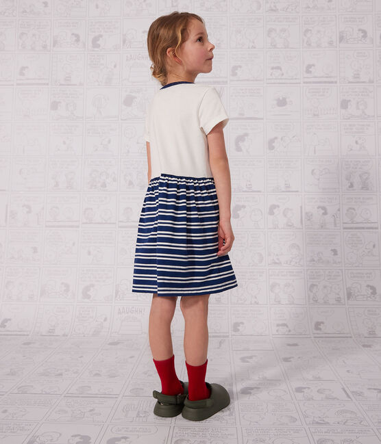 Abito manica corta in cotone bambina blu MEDIEVAL/bianco MARSHMALLOW