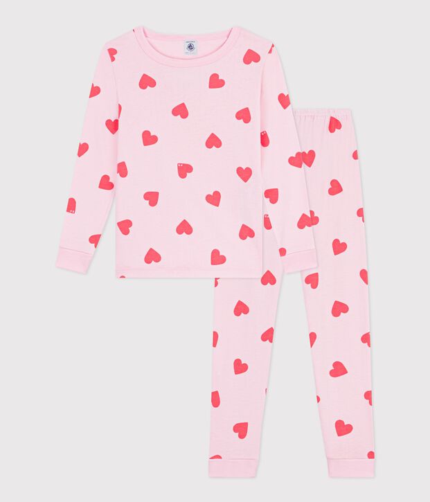 Pigiama molto aderente in cotone con stampa a cuori bambina rosa/arancione