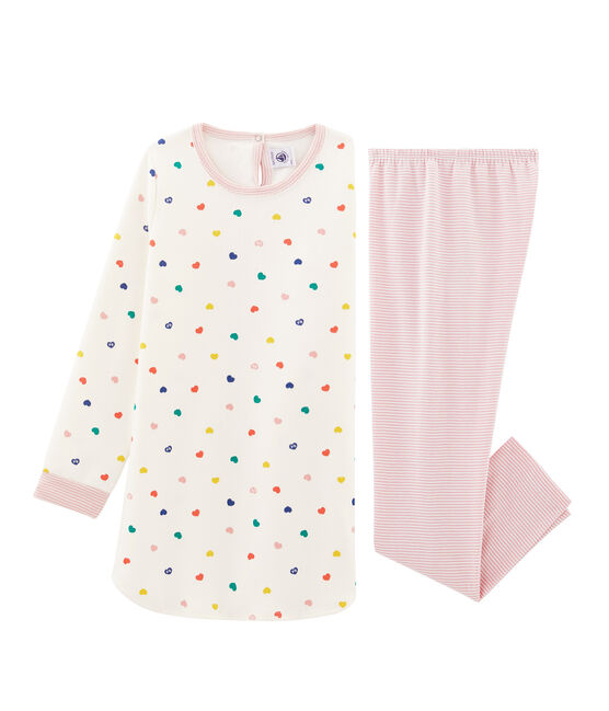 Camicia da notte a manica lunga con cuori bambina in jersey double face bianco MARSHMALLOW/bianco MULTICO