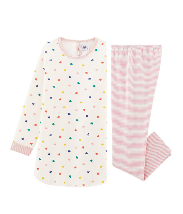 Camicia da notte a manica lunga con cuori bambina in jersey double face bianco/multicolore