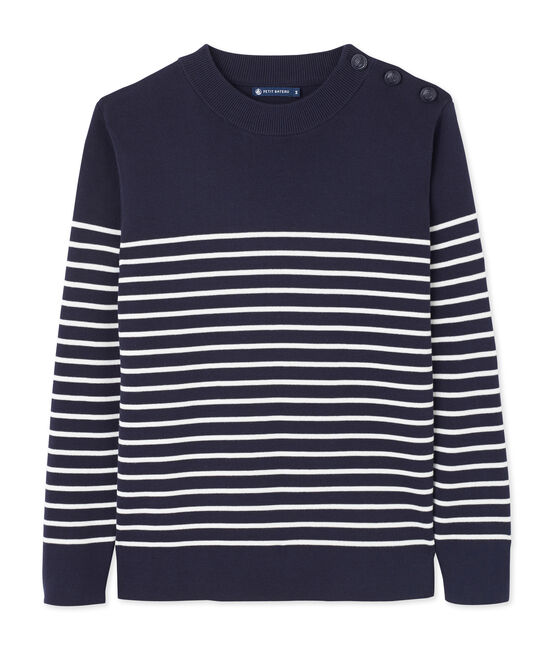 Pull marinaro uomo a riga piazzata blu SMOKING/bianco LAIT