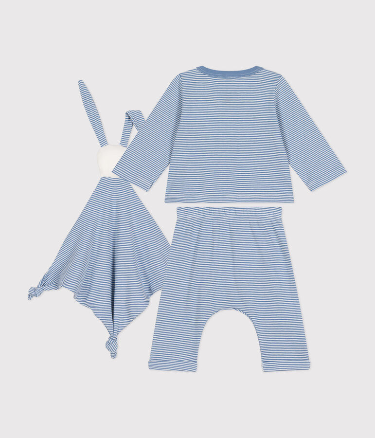 Set 3 pezzi in cotone neonato blu/bianco