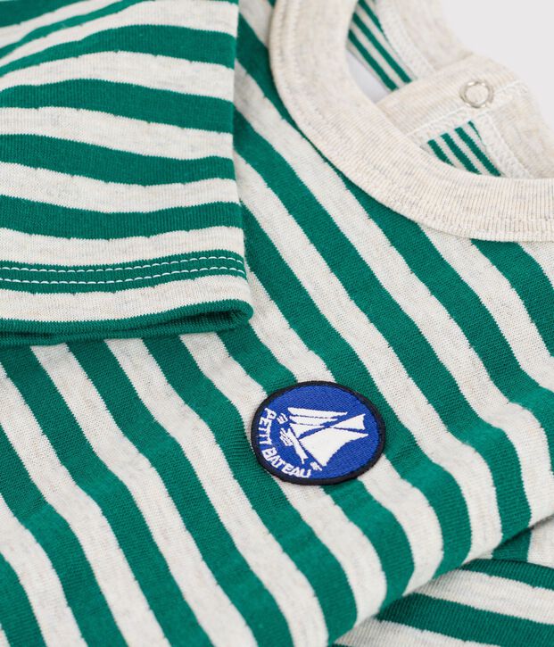 T-shirt a maniche lunghe in cotone a righe neonato. verde/beige