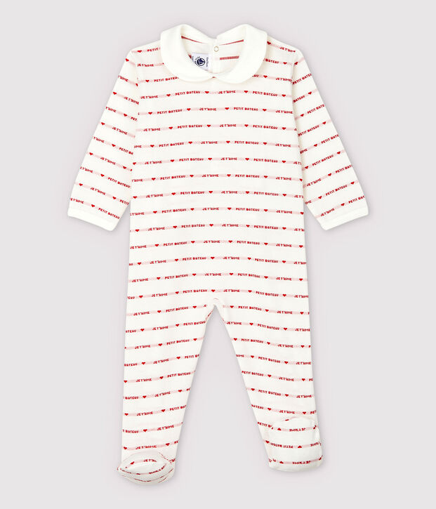 Tutina pigiama Petit Bateau Je T'aime beb&egrave; femmina in jacquard bianco/rosso