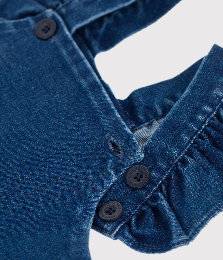 Salopette lunga in denim ed elastan con volant neonata blu