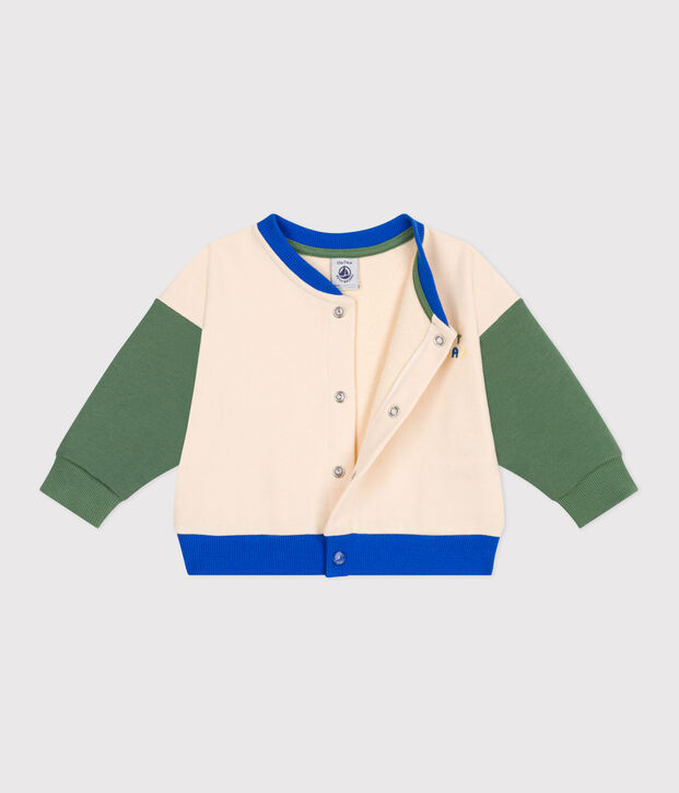 Giacca stile teddy in cotone color block neonato ecru/verde
