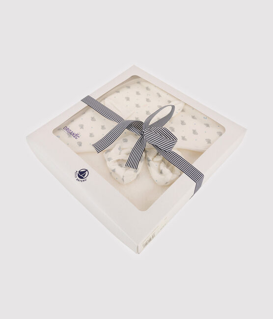 Cofanetto telo da bagno quadrato e babbucce neonato in spugna e cotone biologico bianco MARSHMALLOW/grigio GRIS/ MULTICO