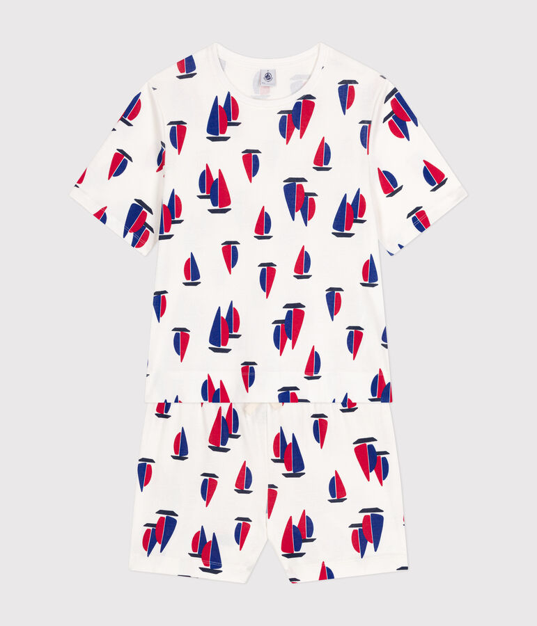 Pigiama con shorts e T-shirt in cotone con motivo a barche donna bianco/multicolore