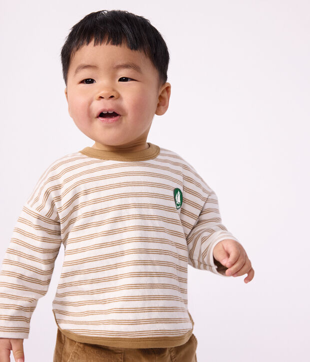 T-shirt a maniche lunghe in cotone a righe neonato. beige/ecru