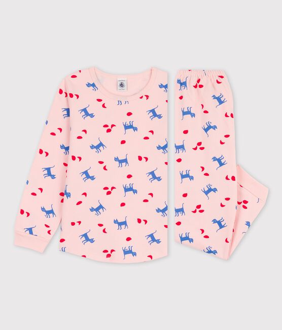 Pigiama con fantasia gatti bambina in cotone rosa MINOIS/bianco MULTICO
