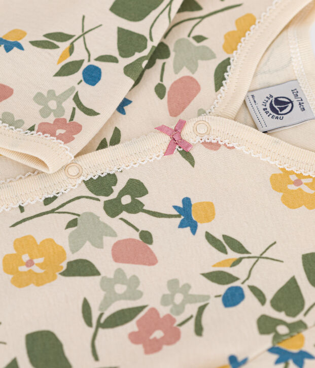 Pigiama fantasia a fiori in cotone beb&egrave; ecru/multicolore