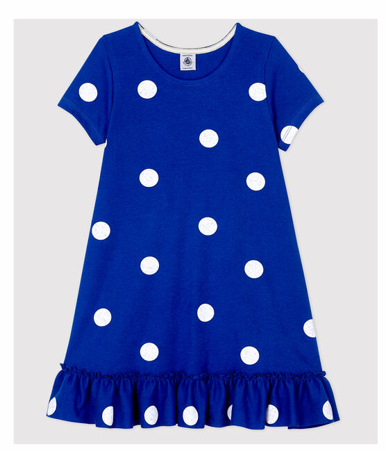 Abito manica corta in cotone e lino bambina blu SURF/bianco MARSHMALLOW