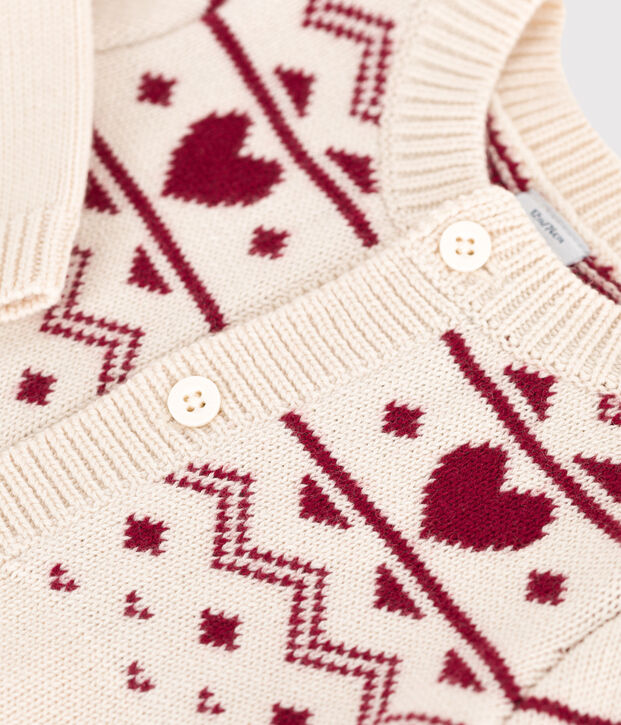 Cardigan in maglia di misto lana e cotone con motivo a cuori neonata ecru/rosso