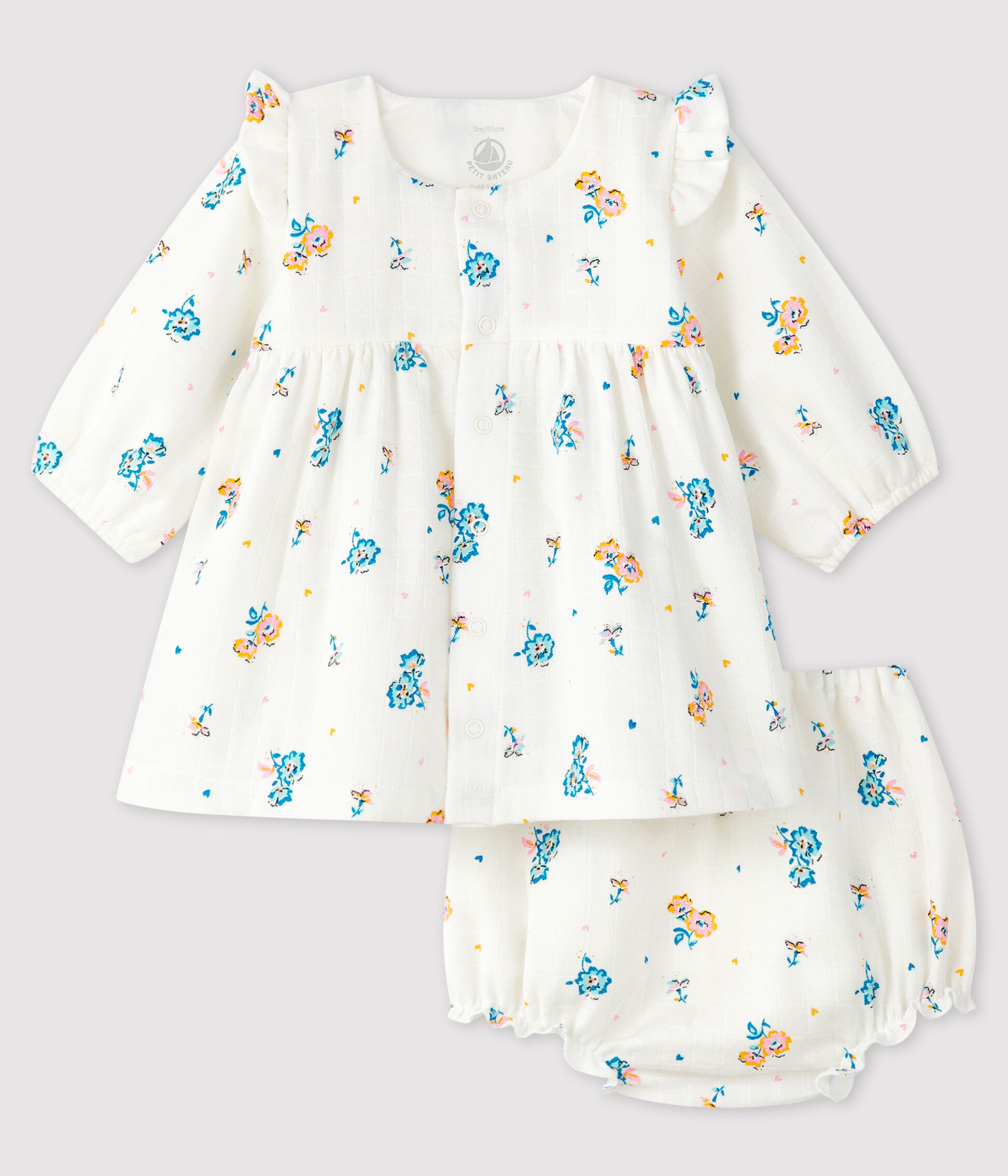 Abito a fiori a maniche lunghe con bloomer bimba in tessuto pannolino  MARSHMALLOW/MULTICO | Petit Bateau