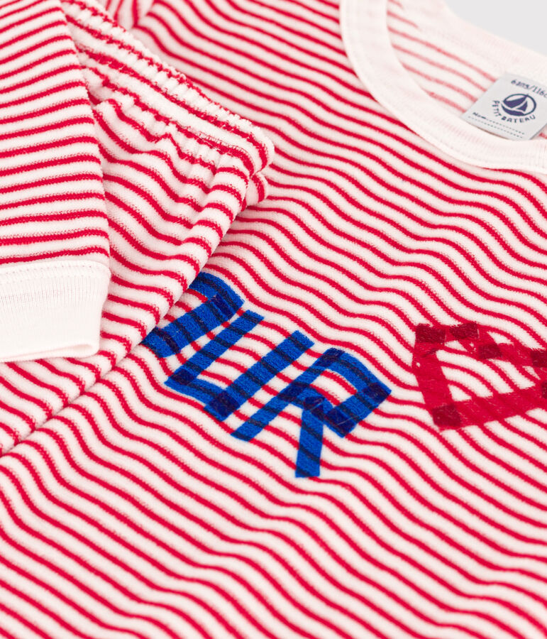 Pigiama bambino unisex in ciniglia a righe bianco/rosso