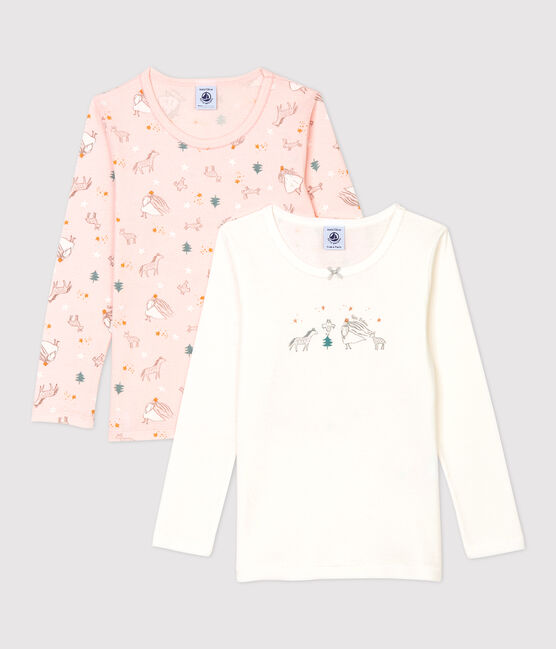 Confezione da 2 t-shirt bambina maniche lunghe a cuori in cotone variante 1
