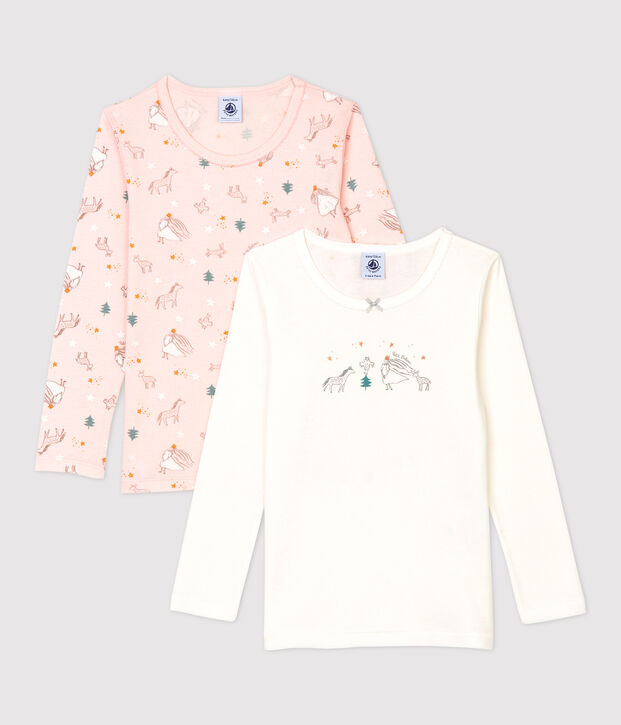 Confezione da 2 t-shirt bambina maniche lunghe a cuori in cotone multicolore