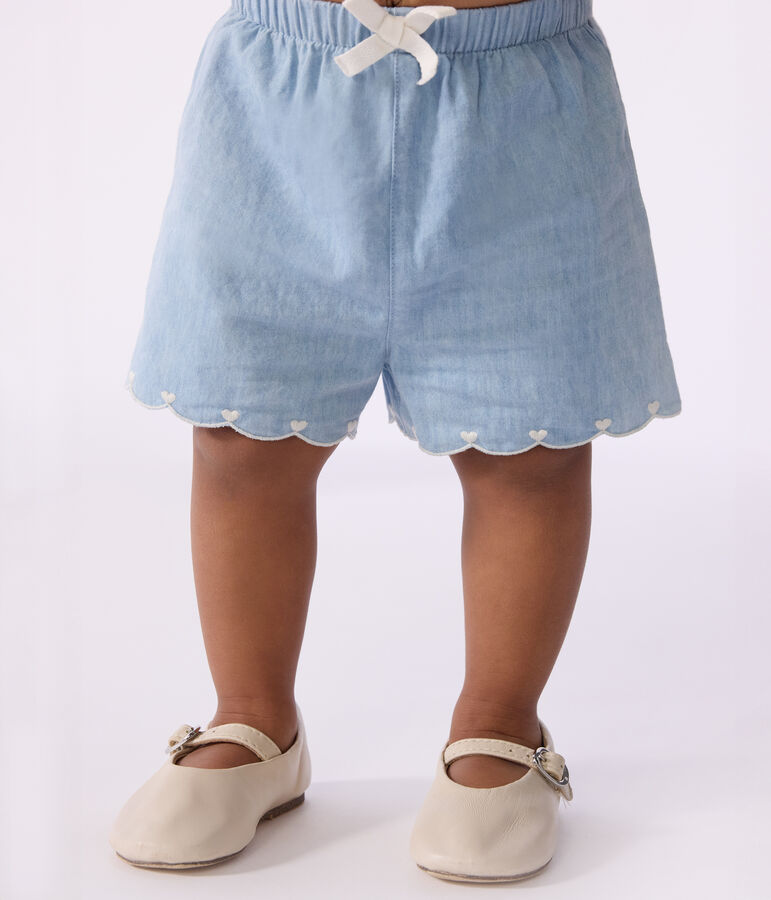 Shorts in chambray ricamato neonata blu