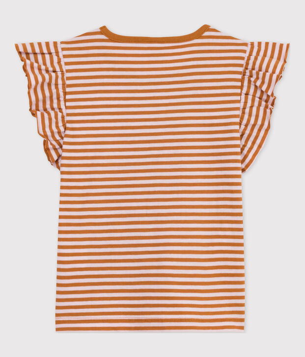 T-shirt bambina in cotone a righe marrone/rosa