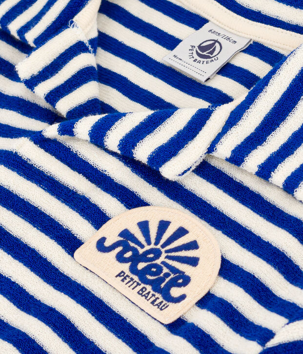 Polo a manica corta in spugna bouclette bambino blu/ecru