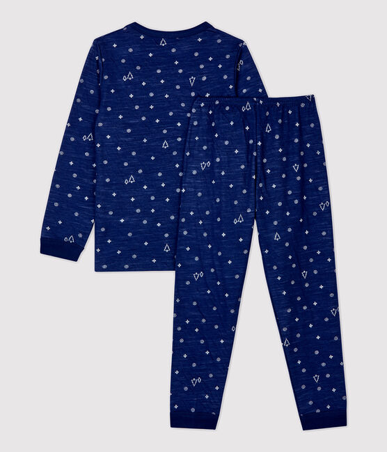 Pigiama jacquard bambina/bambino fantasia fiocchi di neve in lana e cotone blu MEDIEVAL/bianco MARSHMALLOW