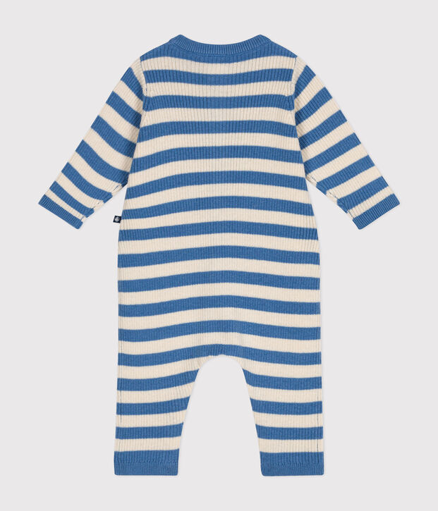 Tutina in maglia di lana e cotone a righe neonato blu/ecru