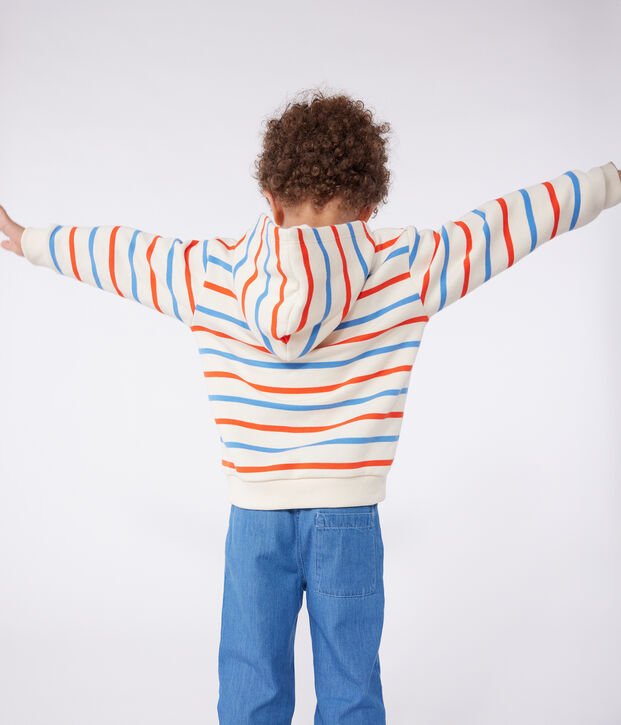 Felpa con cappuccio bambino unisex in cotone a righe ecru/multicolore
