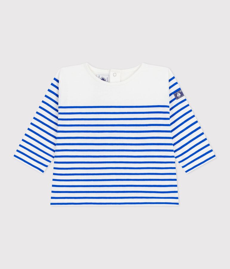 T-shirt marini&egrave;re a maniche lunghe in cotone neonato bianco MARSHMALLOW/blu PERSE
