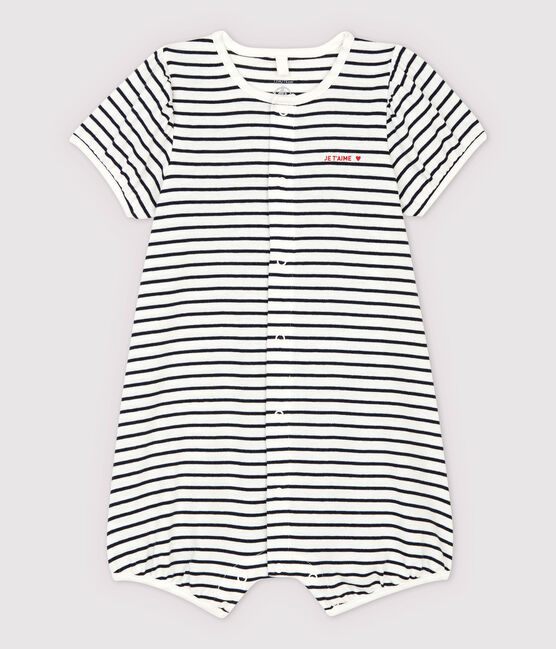 Tutina corta bebè in cotone biologico a righe bianco MARSHMALLOW/blu SMOKING