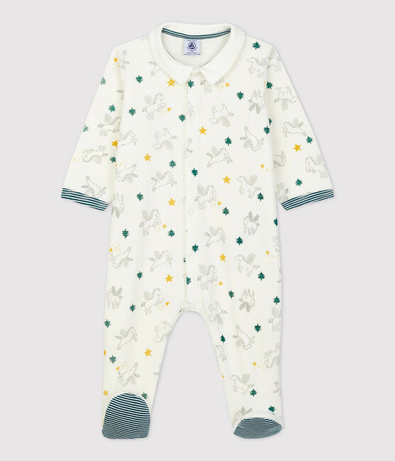 Tutina pigiama bebè stampa cavalli in ciniglia di cotone biologico bianco MARSHMALLOW/bianco MULTICO