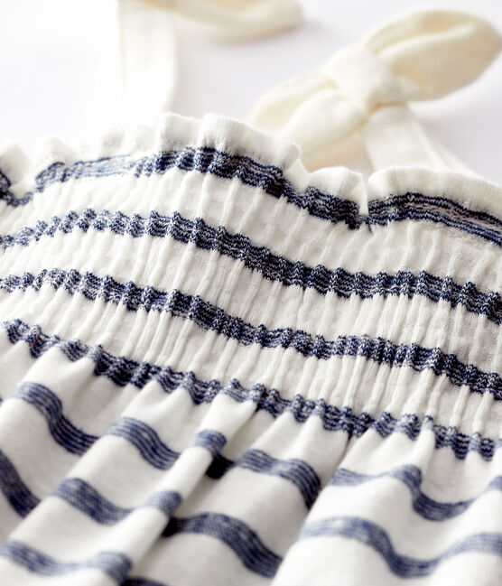 Tutina corta  in cotone a righe bebè femmina bianco MARSHMALLOW/blu MEDIEVAL