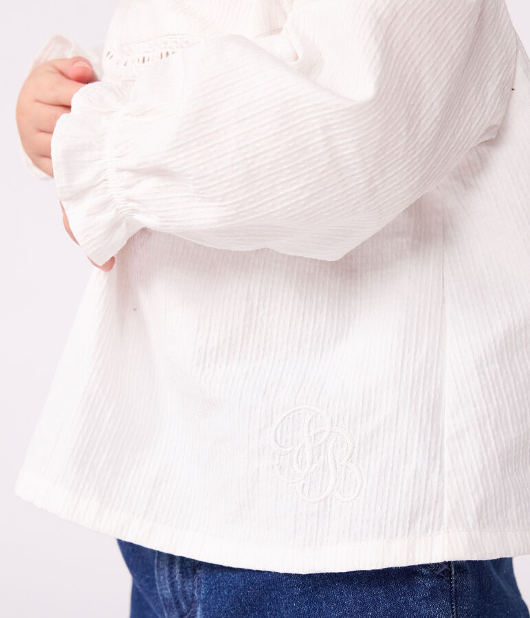 Blusa a maniche lunghe in popeline di cotone con colletto e ricami neonata bianco