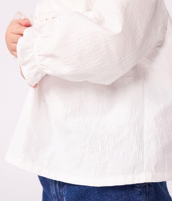 Blusa a maniche lunghe in popeline di cotone con colletto e ricami neonata bianco ECUME