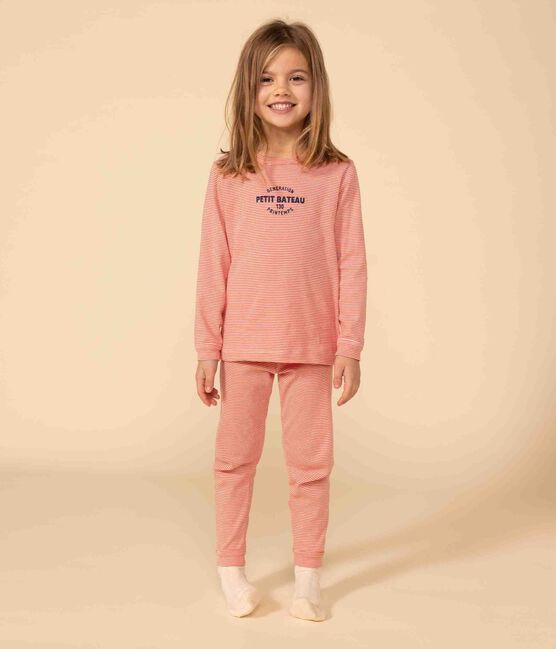 Pigiama a righe bambino unisex in cotone arancione OURSIN/bianco MARSHMALLOW