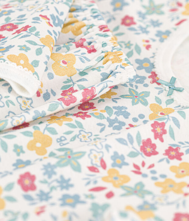 Pigiama bambina in cotone a fiori bianco/multicolore