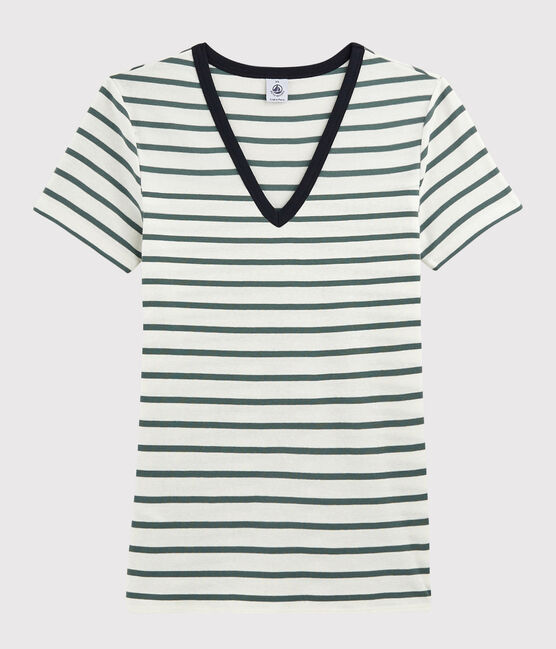 T-shirt scollo a V iconica Donna bianco MARSHMALLOW/verde VALLEE