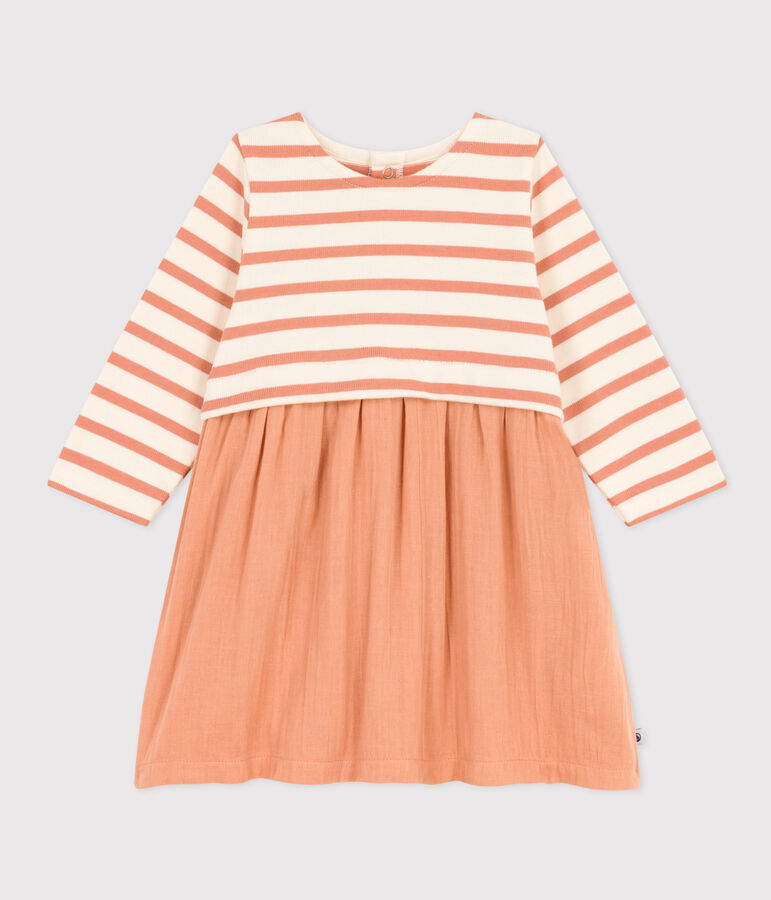 Abito a maniche lunghe in doppio materiale per beb&egrave; rosa/ecru