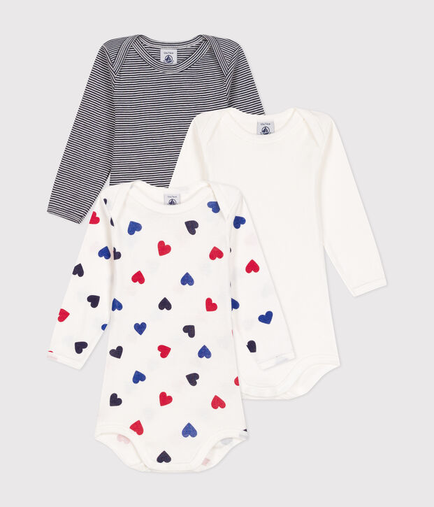 Set di 3 body a maniche lunghe con stampa a tre cuori in cotone neonato multicolore