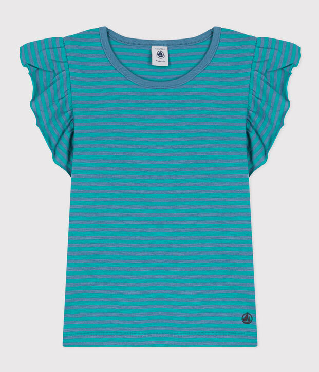 T-shirt bambina in cotone a righe blu/verde