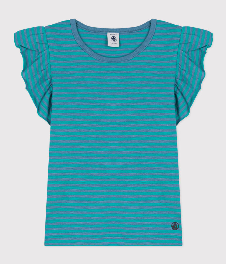 T-shirt bambina in cotone a righe blu/verde