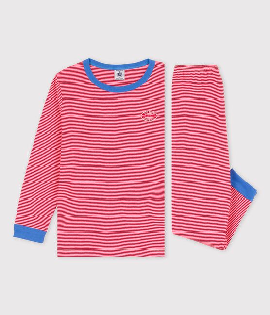 Pigiama bambina/bambino rigato millerighe in cotone biologico rosso PEPS/bianco MARSHMALLOW
