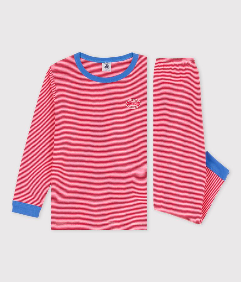 Pigiama bambina/bambino rigato millerighe in cotone biologico rosso/bianco