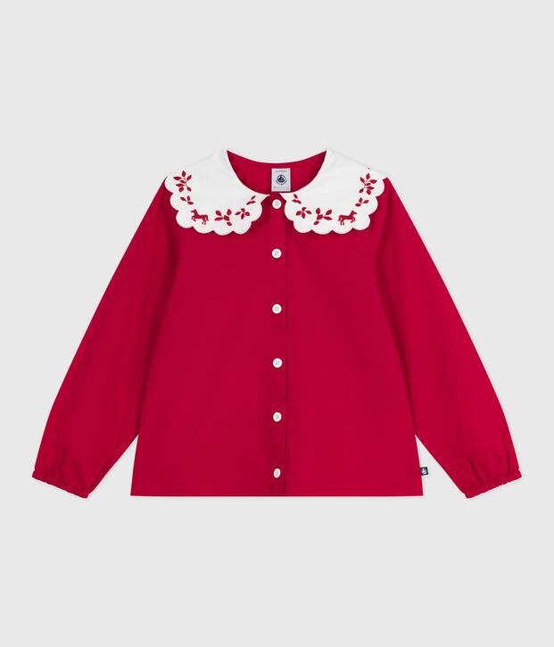 Blusa a maniche lunghe in popeline di cotone con stampa bambina rosso
