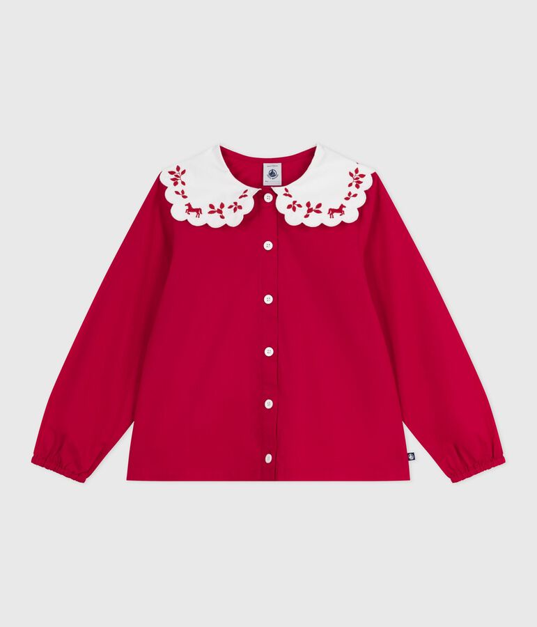 Blusa a maniche lunghe in popeline di cotone con stampa bambina rosso