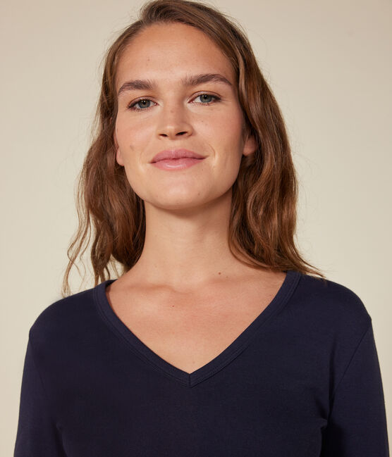 T-shirt donna L'Iconique a maniche lunghe in tinta unita a costine blu SMOKING