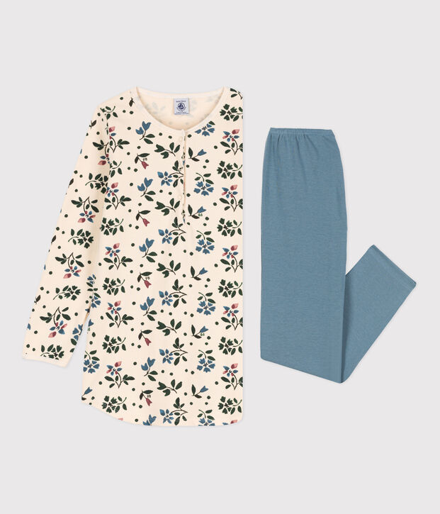 Camicia da notte e leggings bambina in tessuto felpato con motivo fiore ecru/multicolore
